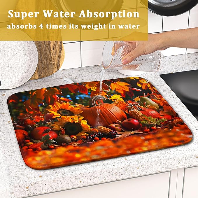 Fall Harvest Pumpkin Dish Drying Mat for Kitchen Counter,Thanksgiving Maple Leaves Sunflower Drying Mat 16 x 18 Inch with Absorbent Reversible Microfiber Dish Drying Pad for Coffee Bar