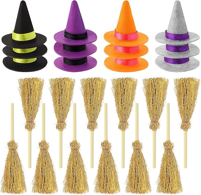 24 Pieces Wine Bottle Toppers - Mini Witch Hats, Brooms and Felt Caps for Halloween Party Favors and Crafts