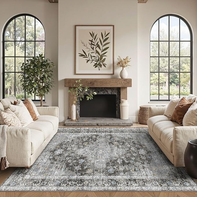 4x6 Area Rugs for Living Room, Bedroom, Small Washable Black Rugs, Entryway Non Slip Rug, Neutral Floral Vintage Boho Soft Indoor Carpet for Nursery, Bathroom, Office