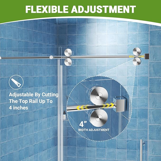 Frameless Sliding Shower Door 56–60 in W x 76 in H, 5/16" (8mm) Clear Tempered Glass Shower Doors Glass Sliding 60 Inches, Double Nano Coating, Stainless Steel Hardware, Silent Smooth Rollers, Chrome