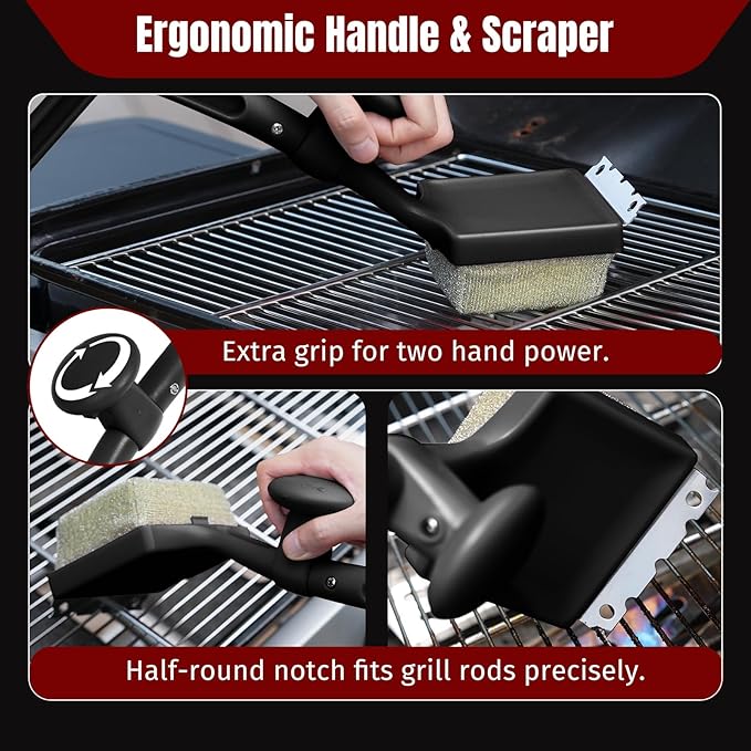 Grill Brush Bristle Free with Aramid Fiber - 600°F Heat Resistant Steam Cleaning Brush, Dual Handle BBQ Grill Cleaning Brush with Scraper, Replaceable Head for Outdoor Grill Weber Traeger Grates