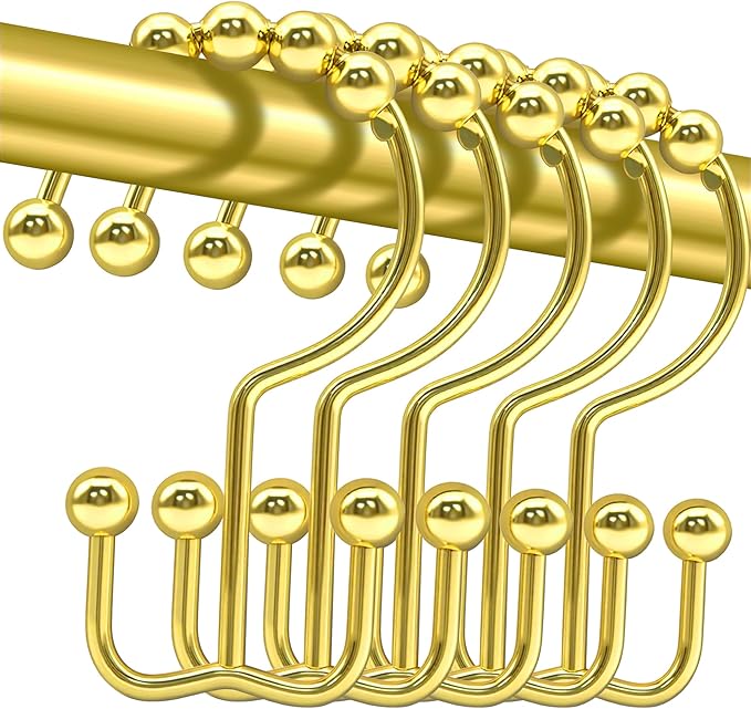 Shower Curtain Hooks, 12 Pcs Rustproof Metal Shower Curtain Rings,Free Sliding Double Shower Hooks for Shower Curtain & Liners, Shower Curtain Hangers for Bathroom Shower Curtain Rods Curtains (Gold)