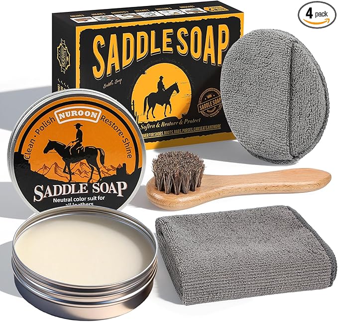4 Pcs Leather Cleaner Boots Shoes Cleaning Kit-3.52oz Saddle Soap for Leather Items Cleaning, Including One Horsehair Shoes Polish Brush, Shine Cloth and Sponge Pad