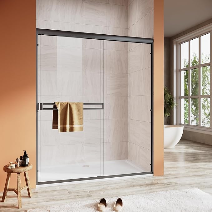Shower Door 56-60 in. W x 72 in. H, UCALAFEE Semi-Frameless Double Sliding Shower Door with 1/4" (6mm) SGCC Clear Tempered Glass, Silent Soft-Close & Anti-Leak Walk-in Shower Door, Matte Black