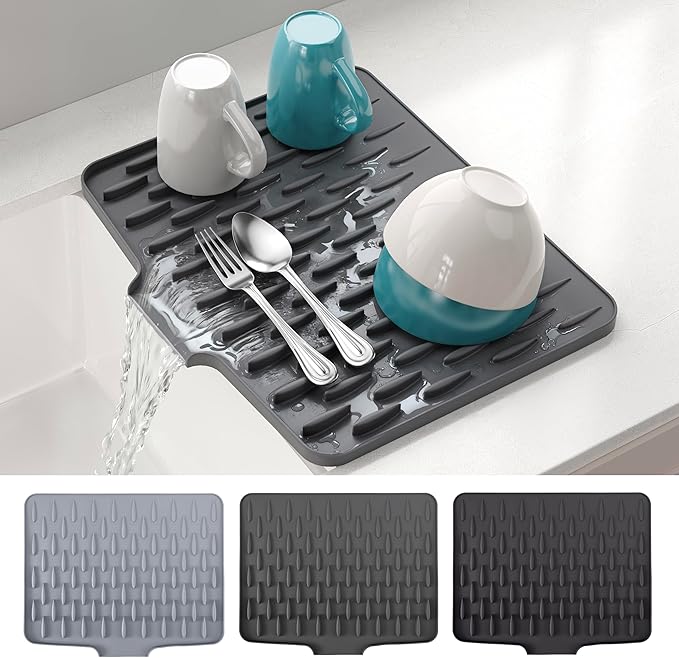 CHIKILLA Silicone Dish Drying Mat for Kitchen Counter, Fast Drainage Design for Vegetables Fruits, Heat Resistant, Non-Slip , Dishwasher Safe – 15.7x13 inch Urban Gray