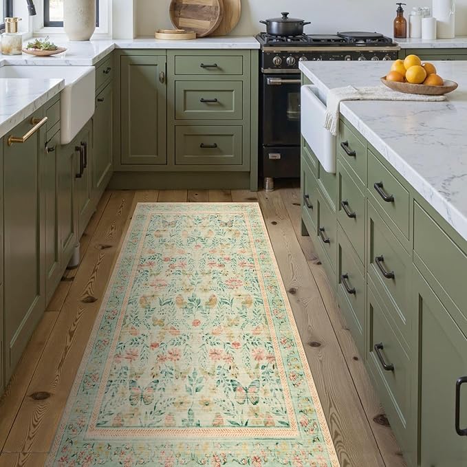 2x5 Floral Runner Rug, Washable Runners for Hallways, Green Vintage Boho Kitchen Rugs, Non Slip Hallway Runner Carpet for Indoor Hallway, Kitchen, Laundry Room and Bathroom(Mint Green 2x5ft)