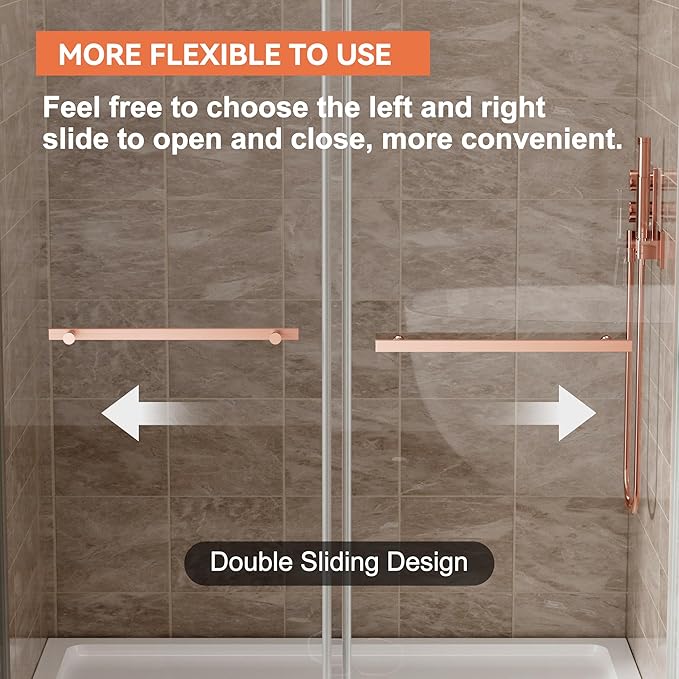 56"-59" W x 75" H Frameless Shower Door, Double Sliding Shower Door,5/16"(8mm) Clear Tempered Glass,Silent Soft-Close Design,Brushed Rose Gold