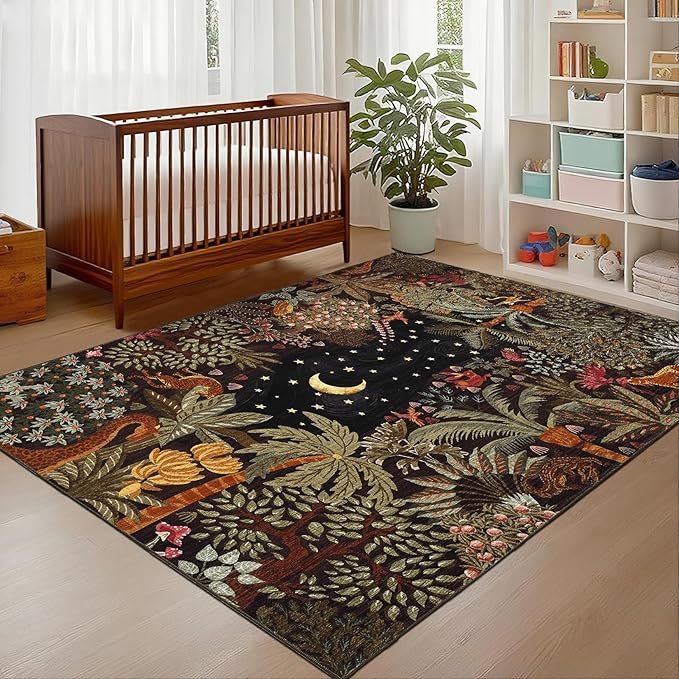 GarveeHome 5x7 Jungle Area Rug Washable Rugs for Living Room Bedroom, Soft Low Pile Non Slip Accent Floor Mat Animal Print Throw Rug Indoor Carpet Dining Room Playroom