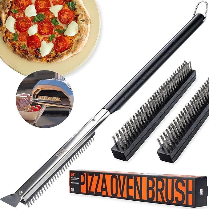 26'' Pizza Oven Brush with Stone Scraper - Includes 3 Brush Heads, Heat-Resistant Silver Stainless Steel Bristles - Long Grip Handle, Compatible with Ooni, Gozney, Blackstone, Solo Stove Ovens