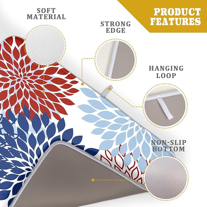 Khope 4th of July Dish Drying Mat for Kitchen Counter 18x24 Inch Patriotic Themed Navy Blue Red White Dahlia Floral Reusable Washable Modern Geometry Flower Drying Pad Countertop Home Decor