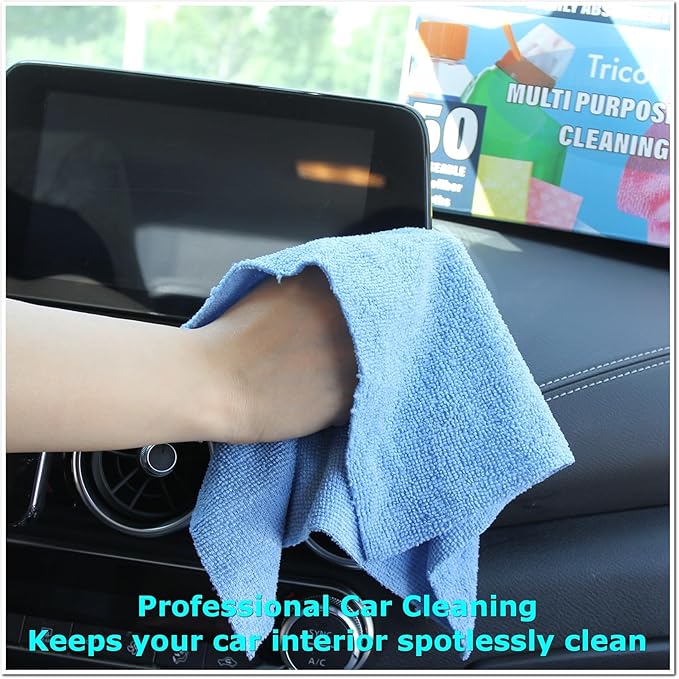 Tricol Clean Profesional Resuable Lint Free Microfiber Edgeless Cleaning Cloth 50PK Cleaning Rags,Absorbent Microfiber Wipes in Dispenser Box for Housekeeping, Car Cleaning (12 * 12 Inches) (blue1)