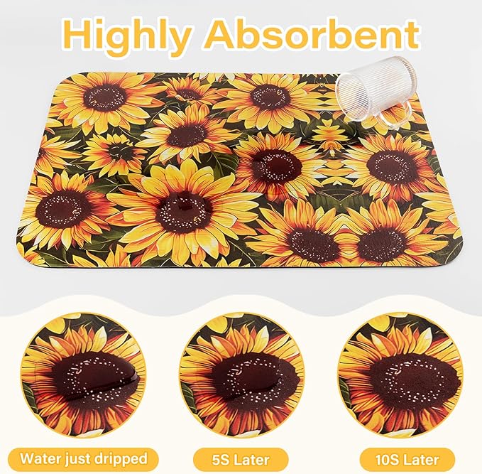 Sunflower Dish Drying Mat 24" x 16" for Kitchen Counter Coffee Mat Bar Accessories,Fit Uder Pot, Dish Rack,Hide Stain,Absorbent Easy Clean