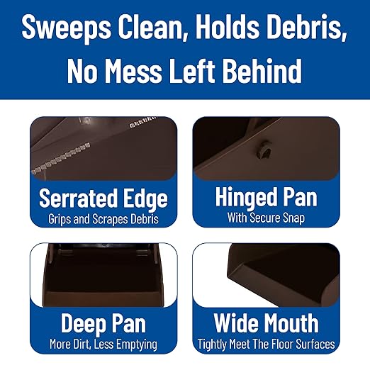 SPARTA Upright Dustpan with Aluminum Handle Serrated Edge for Broom Combing, Secure Yoke Lock with Easy Storage Hanging Hole for Commercial Cleaning, Plastic, 30 Inches, Brown