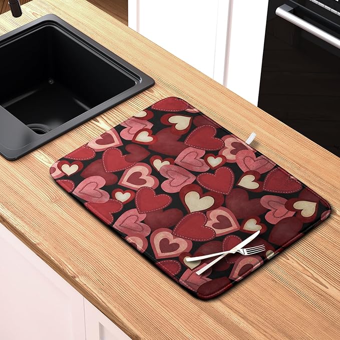 Valentine Dish Drying Mat for Kitchen Counter Red Black Love Heart Drying Pad Microfiber Absorbent Coffee Bar Mat Heat Resistant Countertop Protector Dishes Drainer Mat 16x18 Inch