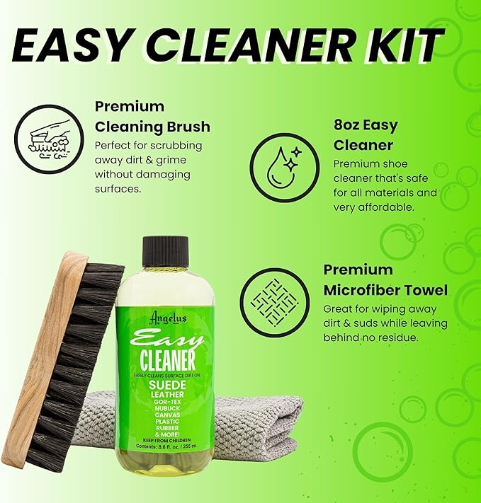 Angelus Shoe Cleaner Kit, 8.6 Oz, Brush, Towel - Professional Sneakers, Leather, Nubuck, Suede Shoe Cleaner Kit - Safe on All Fabrics, Gentle Yet Powerful Сleaning Formula - Made in USA