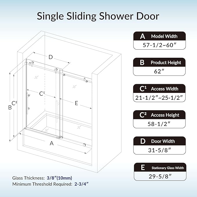 Woodbridge Frameless Single Sliding Shower Doors in Matte Black Finish, 57.5-60" Width x 62" Height with 3/8"(10mm) Clear Tempered Glass, Soft Close System and Explosion-Proof Film, BSDC6062-MB