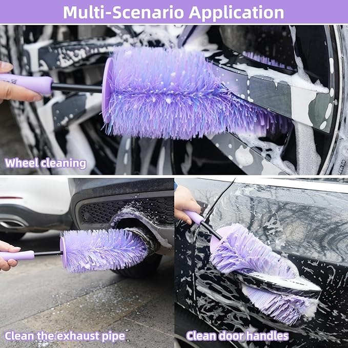 Wheel Cleaning Brush Hub Clean Tool and Rim Detailing Brush with Soft Bristles,Safe On All Wheel Types,Multipurpose Use for Wheels,Rims,Exhaust Tips,Car,Motorcycles,Truck (Purple)
