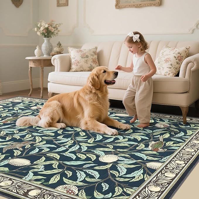 GarveeHome Boho Leaf Area Rugs 9x12 Living Room, Large Rugs for Living Room with Soft Low Pile, 9x12 Botanical Bird Washable Rug with Non-Slip Backing for Bedroom Dining Room Navy Blue Carpet