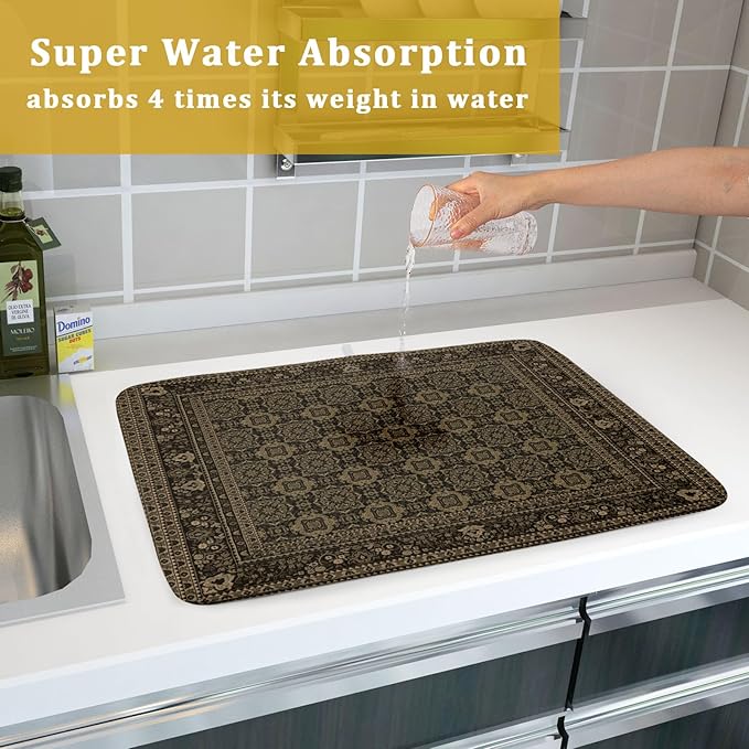 Brown Antique Tabriz Rug Dish Drying Mat for Kitchen Counter,Retro Turkish Vintage Floral Block Print Drying Mat 18 x 24 Inch with Absorbent Reversible Microfiber Drying Pad for Coffee Bar