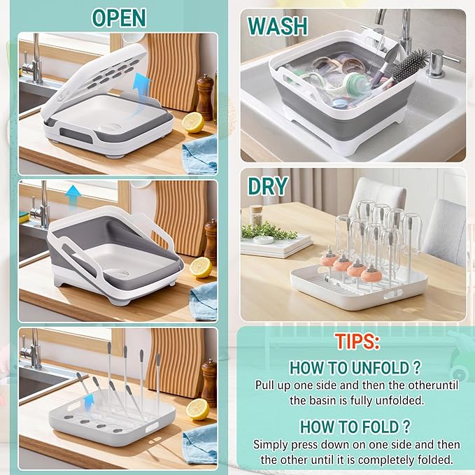 Collapsible Wash Basin for Baby Bottles with Drying Rack – 2.4 Gallon Foldable Dish Tub with Handles, Portable RV Camping Sink & Space-Saving Wash Bin with Lid for Kitchen, Travel & Outdoor