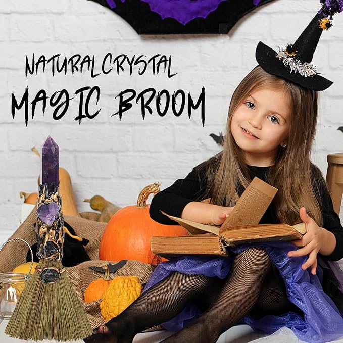 Crystal Witch Altar Broom - Handmade Magic Witch Broomstick with Amethyst Natural Healing Crystals Stones Hexagonal Points Reiki Energy Balancing Chakra Meditation Therapy Gift 8 Inches