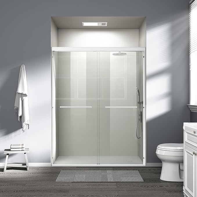 Abruzzo 56" - 60" Adjustable Width Double Sliding Shower Door - Semi-Frameless 72" Tall Bath Enclosure with 1/4" Tempered Glass, White Aluminum Frame for Walk-in Showers
