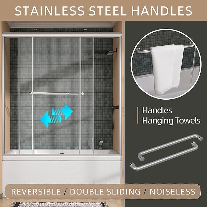 GETPRO Tub Shower Door 56-60 in. W x 62 in. H Double Sliding Bathtub Door for Shower,Semi-Frameless Bypass Glass Shower Doors for Bath Tub with 5/16 inch Tempered Glass Brushed Nickel