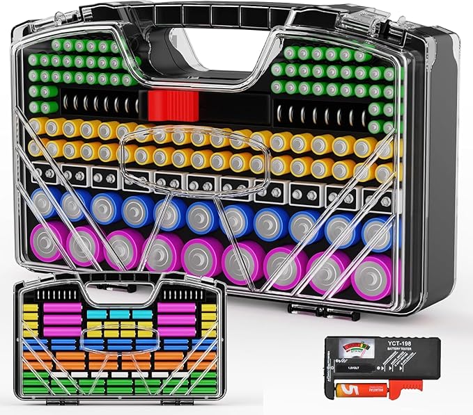 Battery Organizer Storage Holder Box Case with Tester - 285 Batteries Double-Sided Variety Pack, Holds AA AAA 4A C D Cell 9V 3V Lithium LR44 CR2 CR123 CR1632 18650 Button