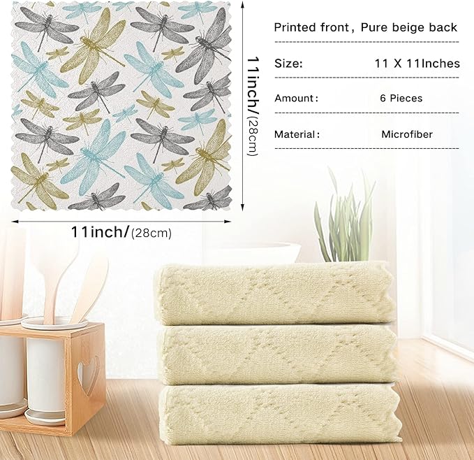 ALAZA Dish Towels Set of 6 - Fern Botanical Dragonfly Design, Absorbent Cleaning Cloths, Lint-Free Bar Tea Soft Towels, Kitchen Accessories, 11"x11"