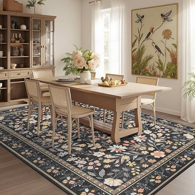 Floral Rug for Living Room Bedroom, 5x7 Washable Rug, Black Vintage Boho Area Rug, Large Non Slip Low Pile Wool Carpet for Indoor Dining Room,Girls Room,Nursery Room and Kids Room(Black 5x7ft)