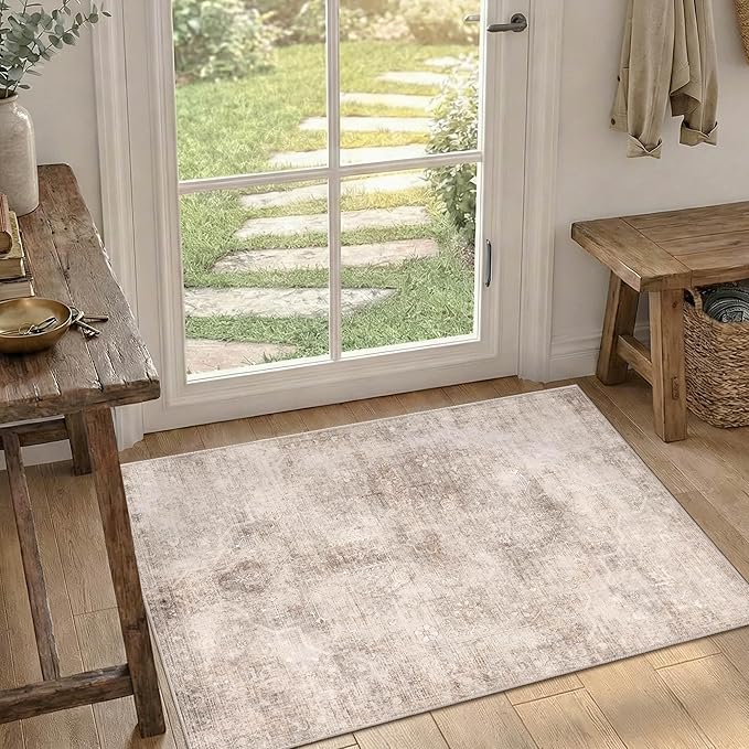 2x3 Beige Brown Entryway Rug, Small Neutral Area Rugs For Kitchen,Bedroom,Laundry, Vintage Washable Entry Doormat,Indoor Hallway Distressed Throw Rug, Low Pile Carpets For Bathroom Dorm Office