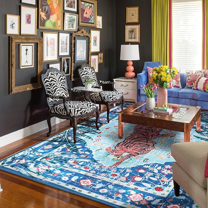 5x7 FT Leopard Rug for Living Room Leopard Vintage Animal Rug Aesthetic Pink Rugs for Girls Room Nursery Bedroom Home Office Dorm Thin Bright Magenta Carpet (Blue, 5X7 FT)