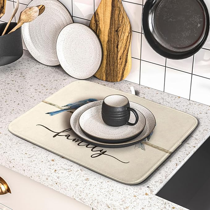 Home Blue Bird Family Dish Drying Mat for Kitchen Counter,Spring Summer Drying Mat 16 x 18 Inch with Absorbent Reversible Microfiber Drying Pad for Coffee Bar