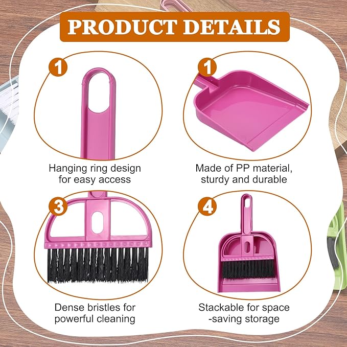 uxcell 2 Pcs Mini Dustpan and Brush Set, Small Broom and Dustpan Set for Home Office Tabletops Sofas Keyboards Cleaning, Rose Red