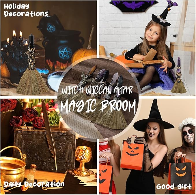 Witch Crystal Altar Broom - Witchcraft Supplies Wiccan Decor Dragon Altar Supplies with Black Obsidian Natural Healing Crystals Reiki Energy Emotional Regulation Wealth Attraction Crafts