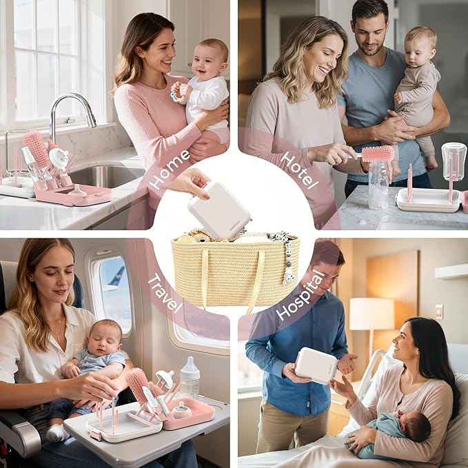 Baby Bottle Brush Set,8 in 1 Magnetic Design Cleaner Bottle Brush Kit with Silicone Brush,Drying Rack for Baby Bottle, Breast Pumps,Nipples - Home&Travel Gift for New Parents