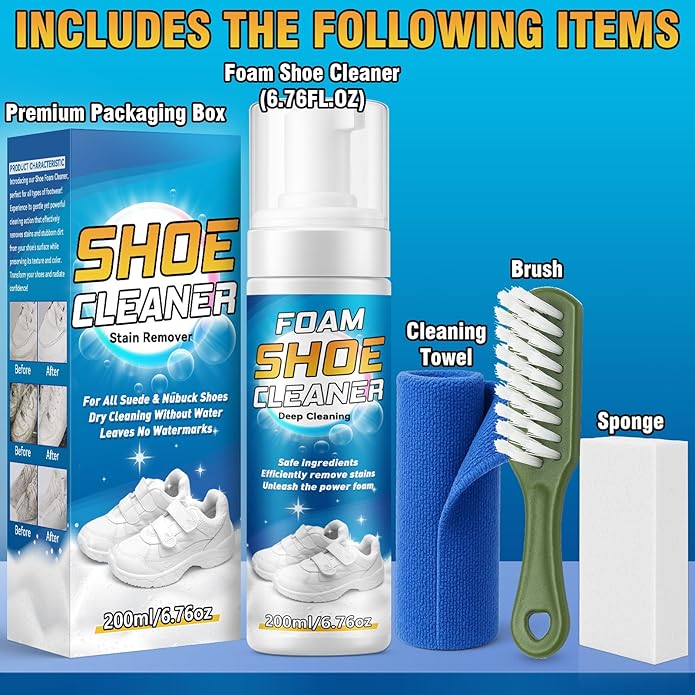 Shoe Cleaner Kit, 6.76oz White Sneaker Cleaner with Brush & Towel, Shoe Cleaning Foam for Leather, Canvas, Knit
