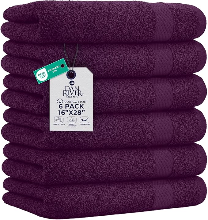 DAN RIVER 6-Pack Premium Hand Towels (16x28 Inches) - 100% Cotton, Ultra Soft, Lightweight, Highly Absorbent Towels for Bathroom, Spa, Gym, Salon, Hotel, and Travel - Purple Passion