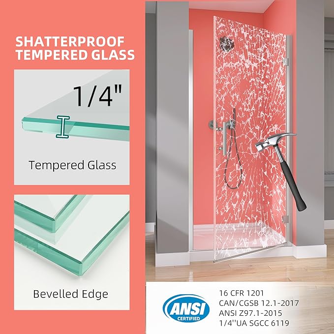 GETPRO Pivot Hinged Shower Door Frameless 32 in. W x 72 in. H Swing Single Small Shower Door 1/4 in. Tempered Glass Panel Adjustable Right Hinged Bathroom Door for Shower Chrome Hardwares