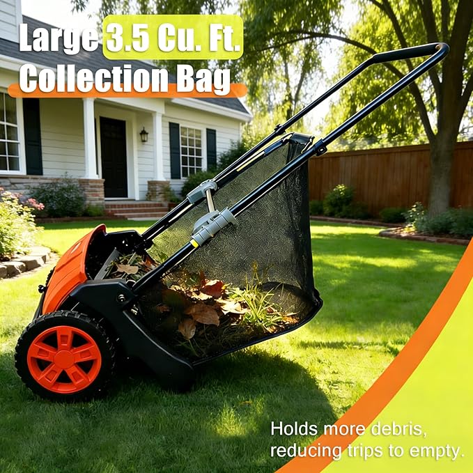 Manual Push Lawn Sweeper 21-Inch, Yard Leaf & Debris Collector with 3.5 Cu. Ft. Collection Bag, Adjustable Brush Height for Lawns & Driveways, Foldable Storage Design