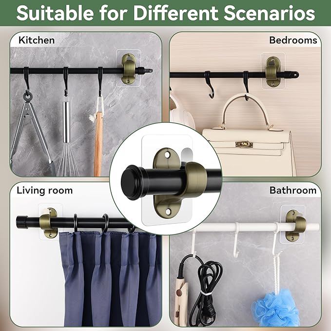 ANDGOO 10 Pack Self Adhesive Curtain Rod Brackets, No Hole Hooks for Curtain Rods, No Drilling, No Nail Heavy Duty Stick on Rod Hooks Bedroom, Bathroom, Livingroom, Kitchen (Retro)