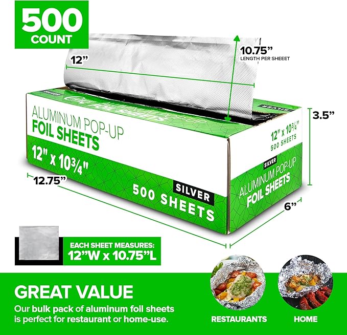 500 Count Pre-Cut Deli Aluminum Foil Sheets, 12” Heavy Duty Pop Up Sheets for Restaurant, Disposable Foil Sheets for Food, Tin Sheets for Burrito, Hot Dog or Sandwich, Stock Your Home