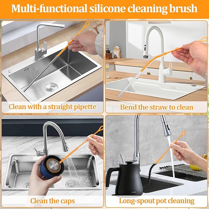 Silicone Straw Cleaner Brush, 2Pcs Straw Cleaner Brush Extra Long, Straw Cleaning Brush, Straw Brush Bristles Cleaner Brush for Cleaning Stanley, Metal Glass Straws, Drink Lid (Orange)
