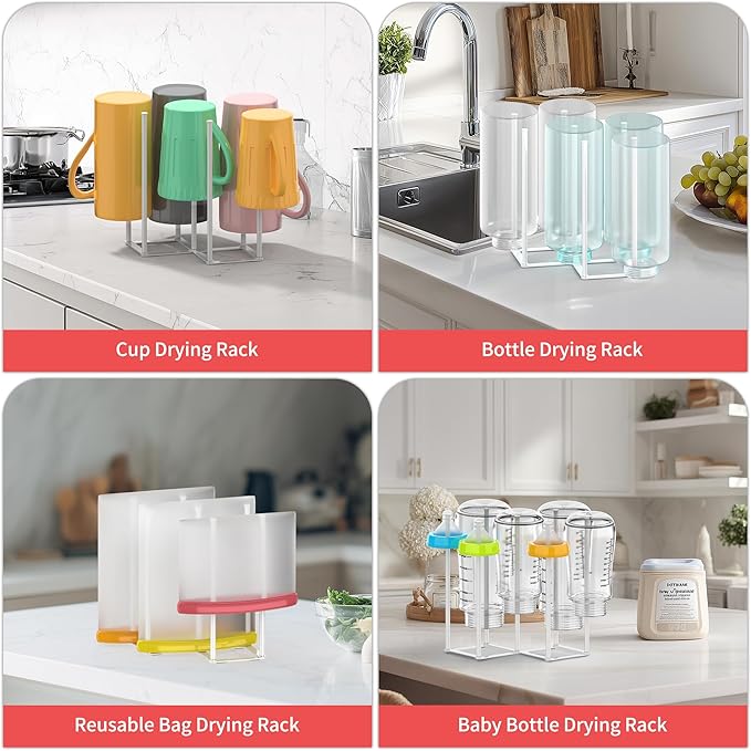Collapsible Bottle Drying Rack, Baby Bottle Drying Rack, Foldable Cup Draining Holder, Retractable Reusable Silicone Bag Dryer with Non-Slip Bottom - Stainless Steel (White)