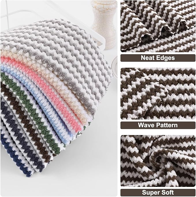 Homaxy 18 Pack Kitchen Dish Cloths, Ultra Soft and Absorbent Dish Towels, Reusable Fast Drying Microfiber Cleaning Cloth, Coral Velvet Wave Design Lint Free, 10 x 10 inches, Brown