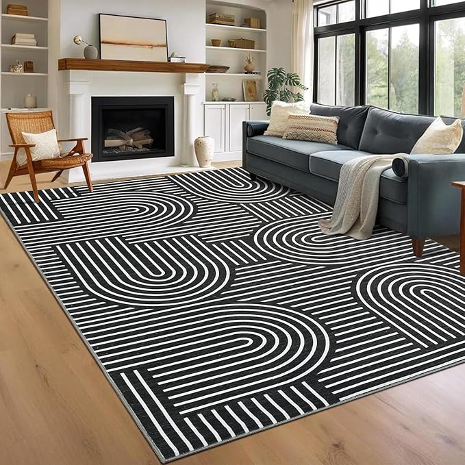 Washable Rug 9x12 Area Rugs for Living Room, Abstract Rug for Bedroom, Soft Rainbow Non Slip Throw Rugs with Rubber Back, Low Pile Stain Resistant Boho Geometric Carpet for Dining Room, Black