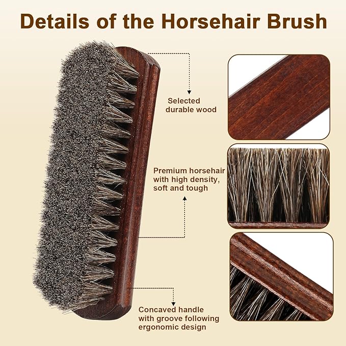 Professional 100% Horsehair Shoe Brush Premium Soft Horsehair Dauber Applicators for Leather Shoes, Boots, Coats & Purses, Curved Handle for Comfortable Grip, Perfect for Leather Shine & Polish