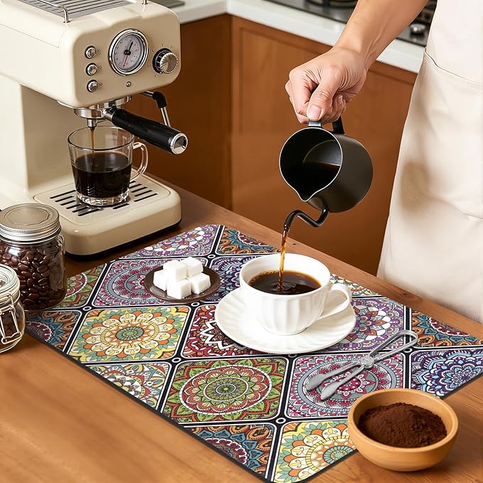 Yamaziot Boho Coffee Mat 12"x20", Floral Dish Drying Mat for Kitchen Counter, Non Slip Coffee Bar Accessories Espresso Machine Dish Rack