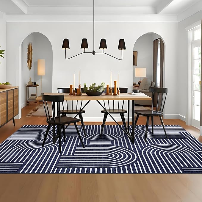 Washable Rug 9x12 Area Rugs for Living Room, Abstract Rug for Bedroom, Soft Rainbow Non Slip Throw Rugs with Rubber Back, Low Pile Stain Resistant Boho Geometric Carpet for Dining Room, Blue