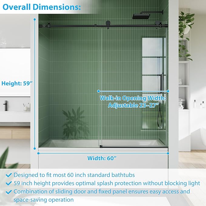 Bathtub Shower Door, 59" Wide x 60" High Sliding Door with 8mm Tempered Glass & Easy-Clean Coating, Matte Black Stainless Steel Top Rail, One Fixed One Sliding Panel